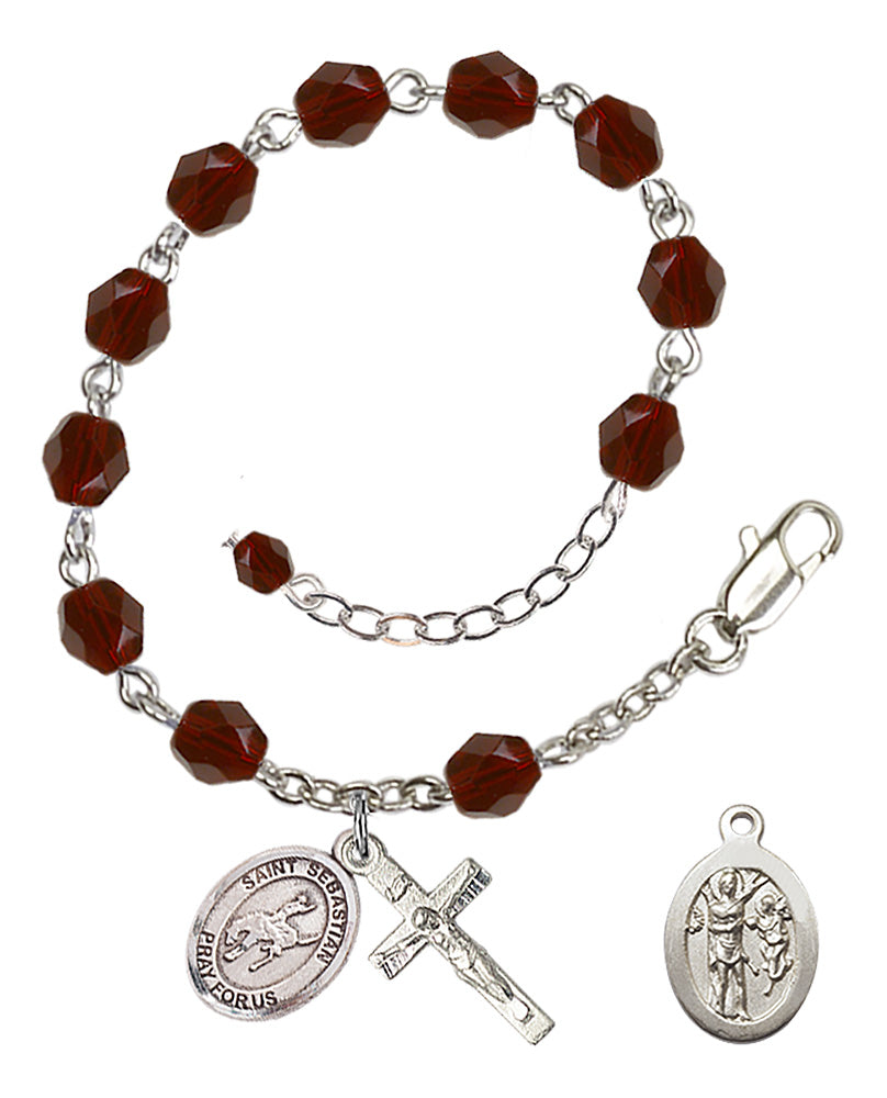 Saint Sebastian Rodeo Rosary Bracelet - Silver Plate - January - Garnet