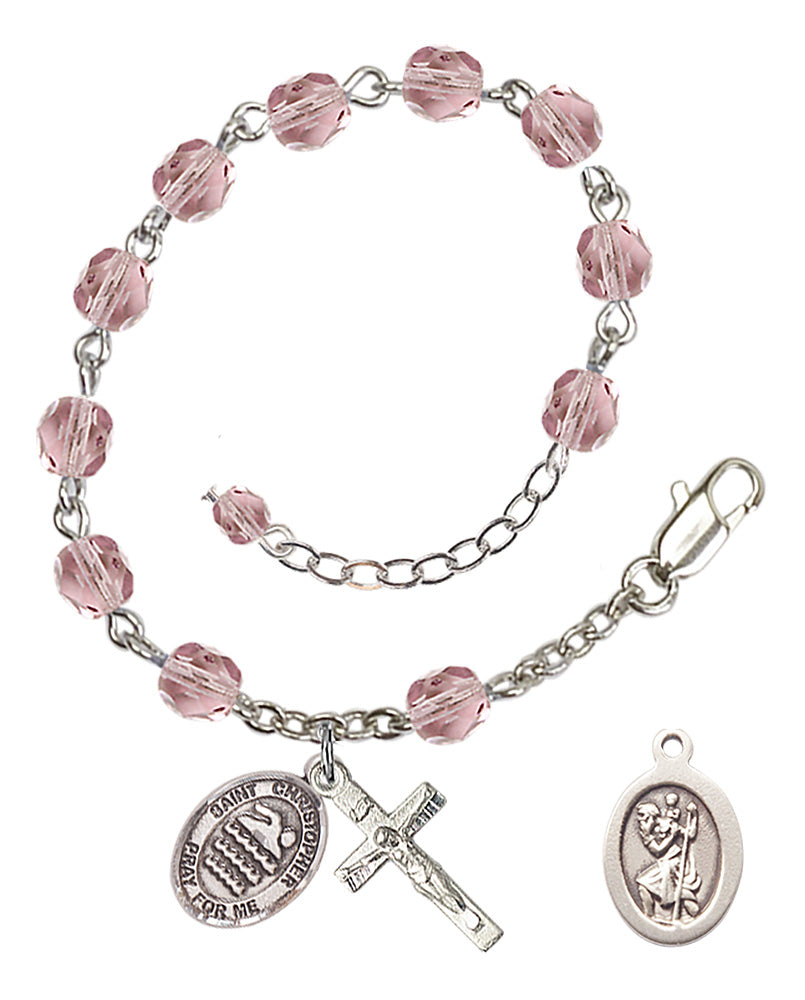 Saint Christopher Swimming Rosary Bracelet - Silver Plate - June - Light Amethyst