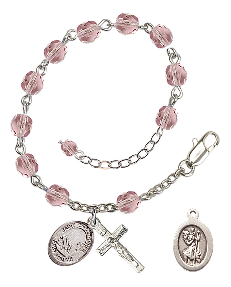 Saint Christopher Fishing Rosary Bracelet - Silver Plate - June - Light Amethyst