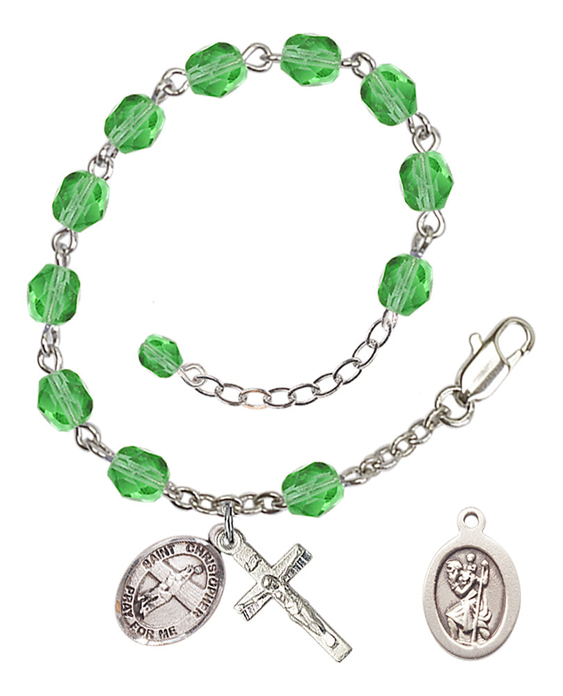 Saint Christopher Volleyball Rosary Bracelet - Silver Plate - August - Peridot