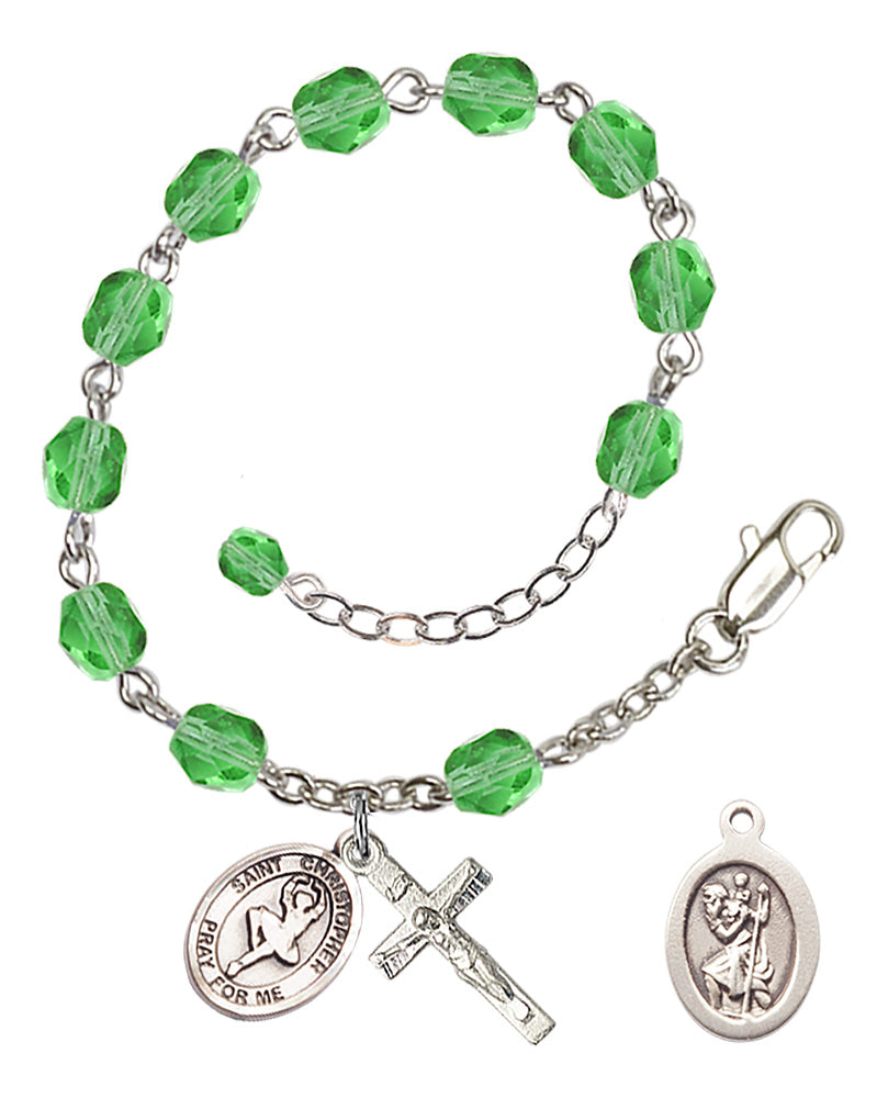 Saint Christopher Dance Rosary Bracelet - Silver Plate - August - Peridot