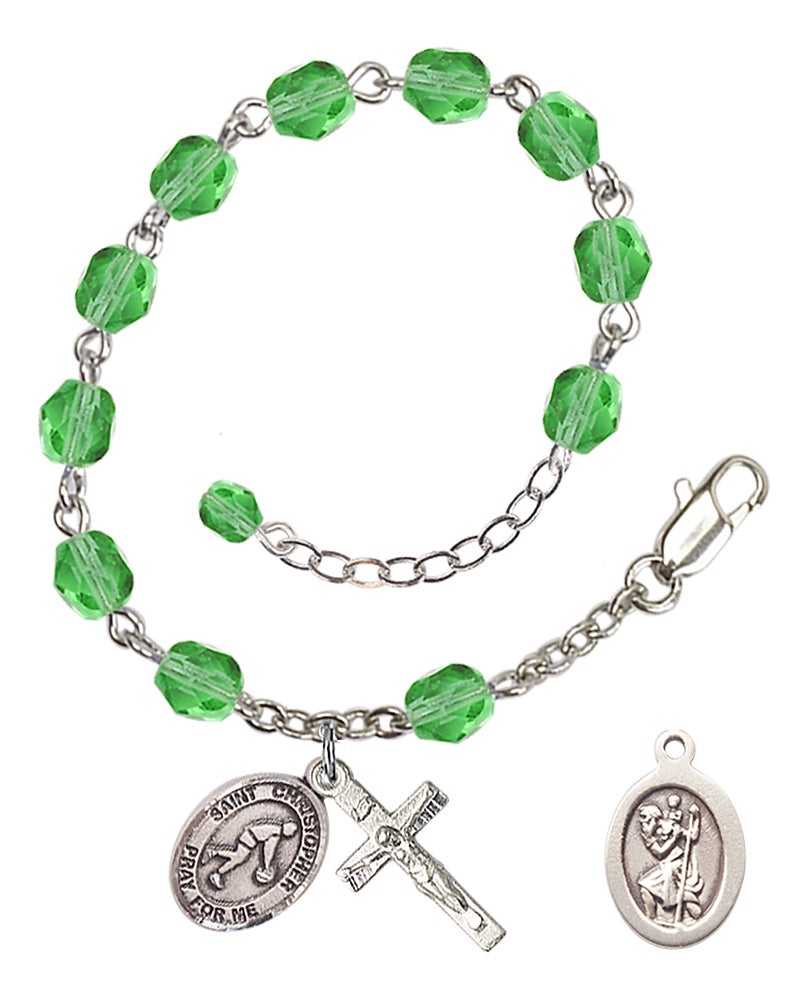 Saint Christopher Basketball Rosary Bracelet - Silver Plate - August - Peridot