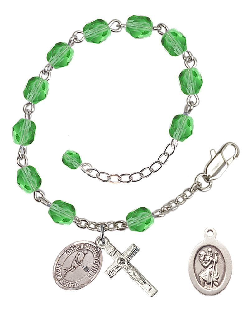 Saint Christopher Tennis Rosary Bracelet - Silver Plate - August - Peridot