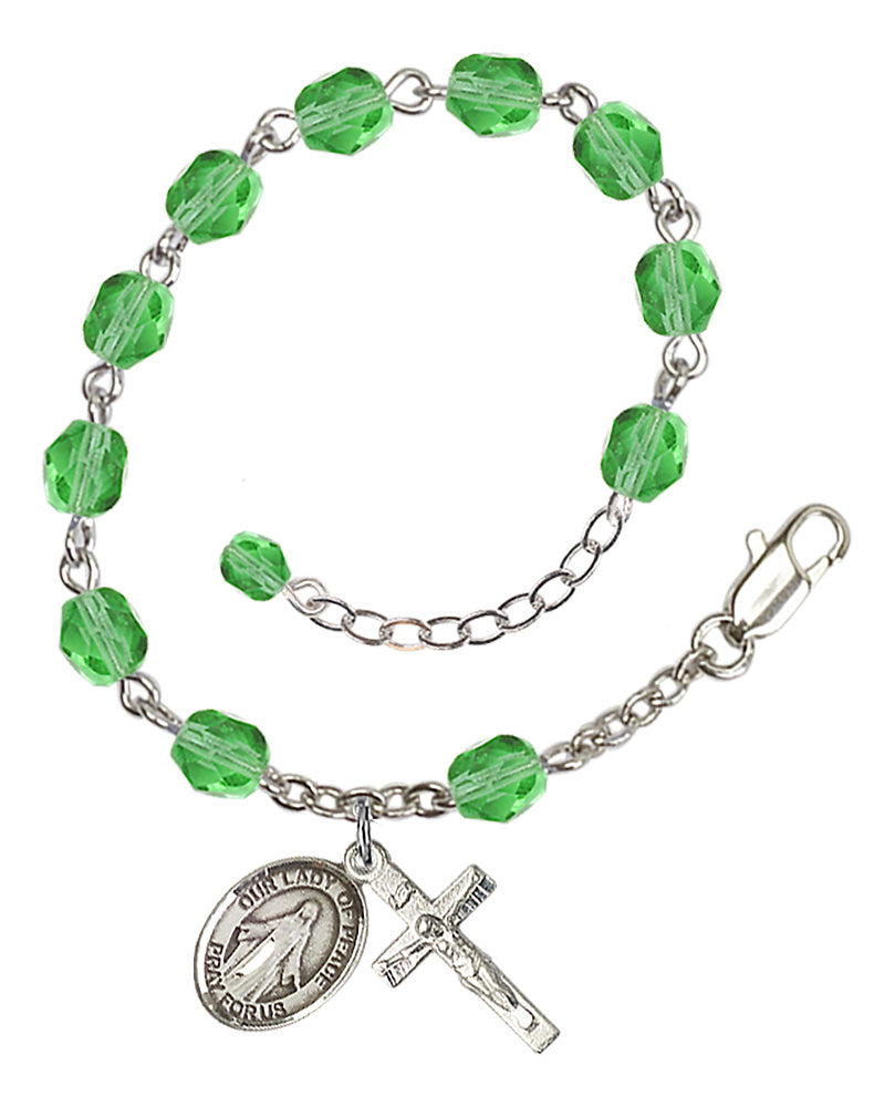 Our Lady of Peace Rosary Bracelet - Silver Plate - August - Peridot