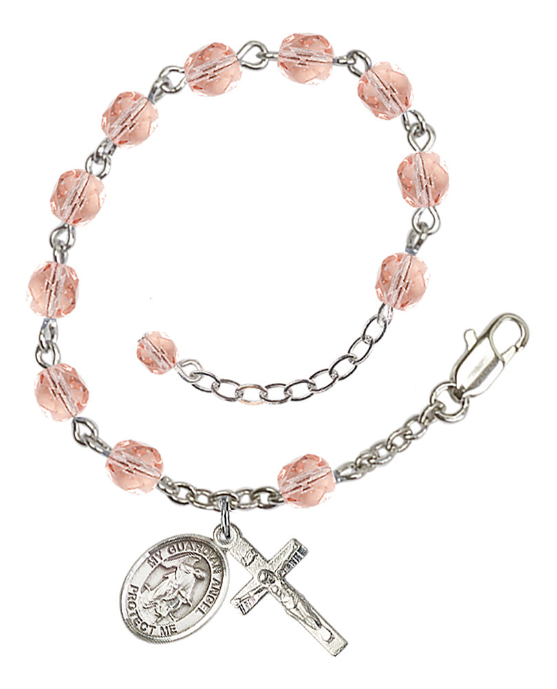 Guardian Angel with Child Rosary Bracelet - Silver Plate - October - Pink