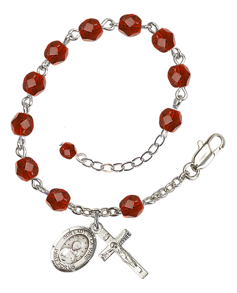 Our Lady of la Vang Rosary Bracelet - Silver Plate - July - Ruby