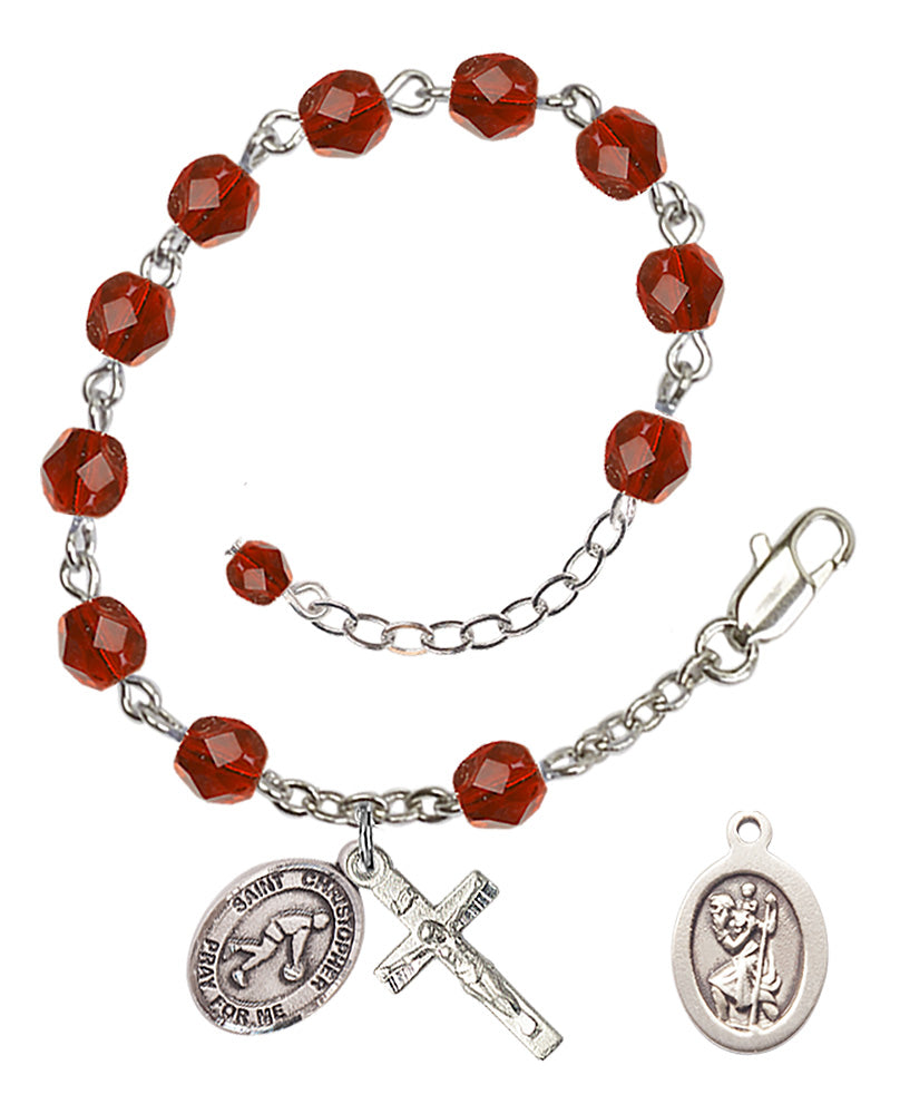 Saint Christopher Basketball Rosary Bracelet - Silver Plate - July - Ruby