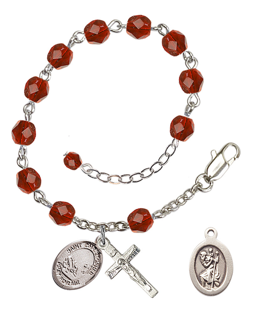 Saint Christopher Fishing Rosary Bracelet - Silver Plate - July - Ruby