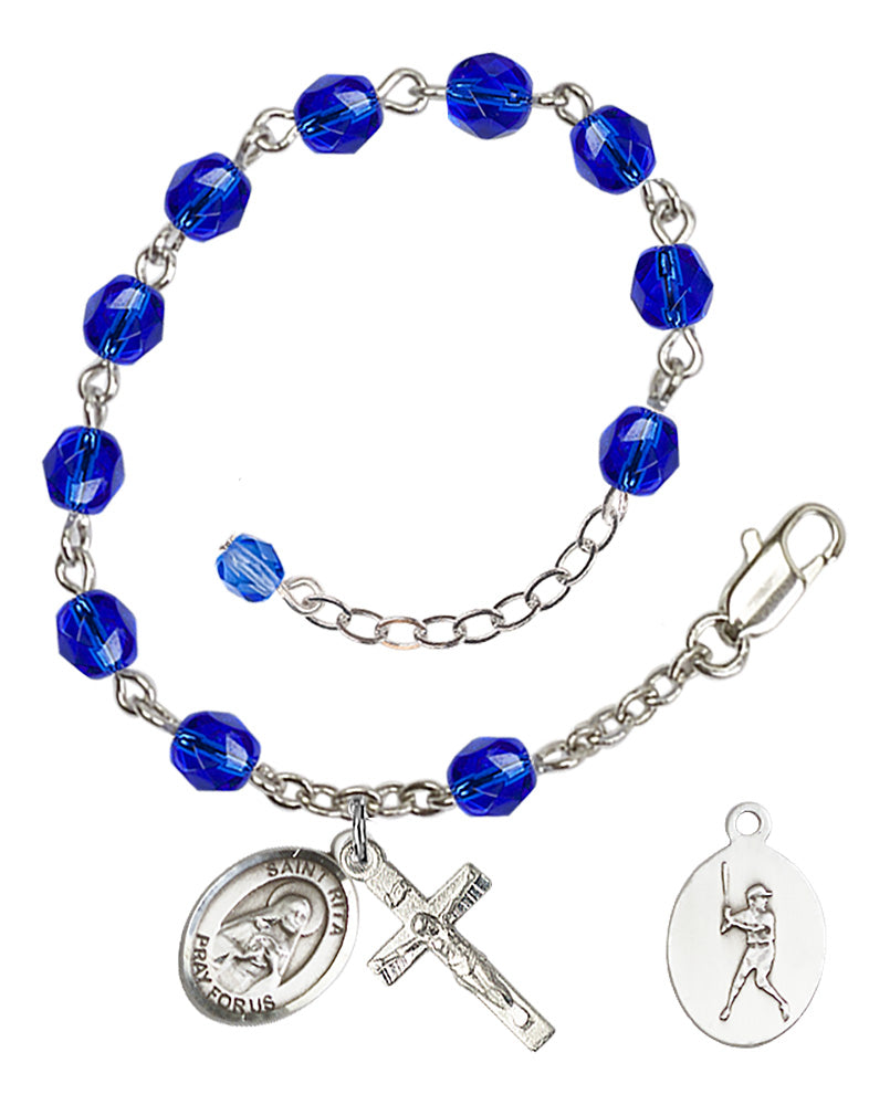 Saint Rita Baseball Rosary Bracelet - Silver Plate - September - Sapphire