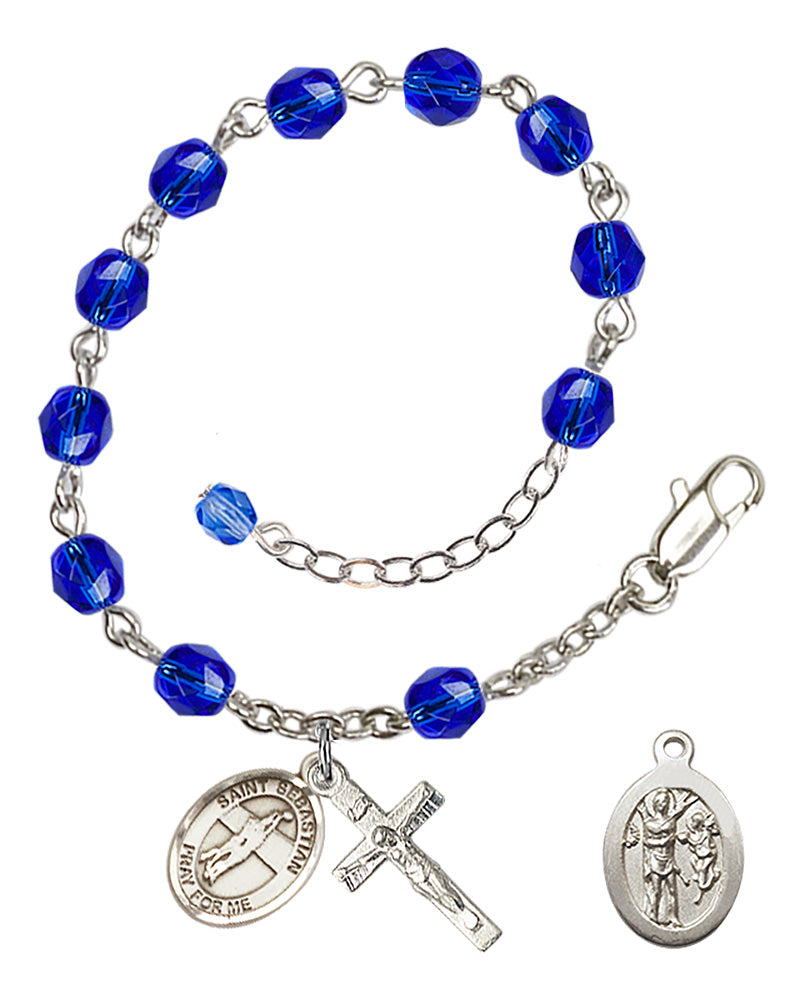 Saint Sebastian Volleyball Rosary Bracelet - Silver Plate - September - Sapphire