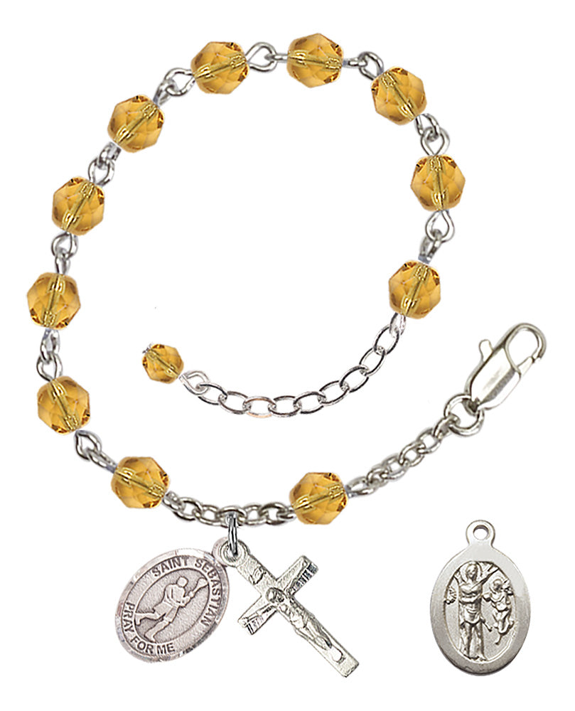 Saint Sebastian Lacrosse Rosary Bracelet - Silver Plate - November - Topaz