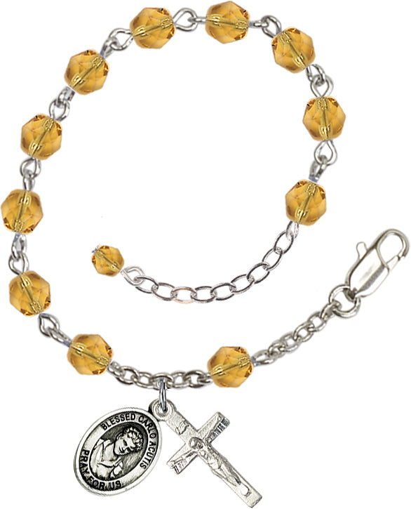 Saint Carlo Acutis Rosary Bracelet - Silver Plate - November - Topaz
