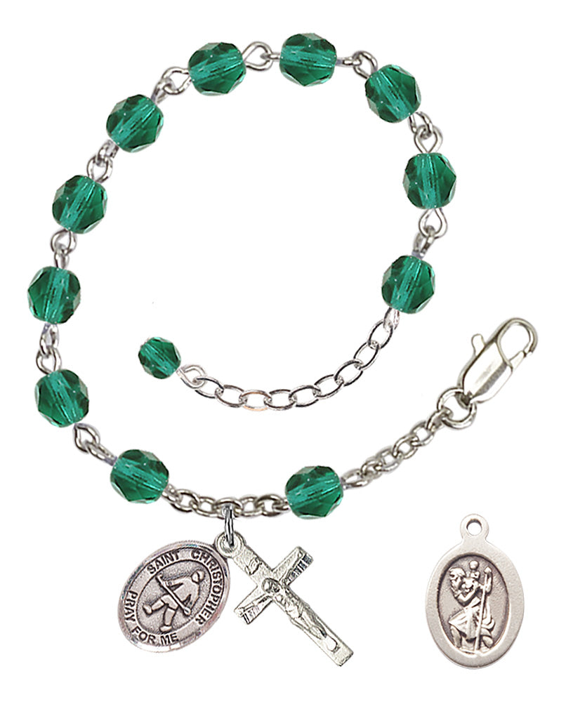 Saint Christopher Field Hockey Rosary Bracelet - Silver Plate - December - Zircon