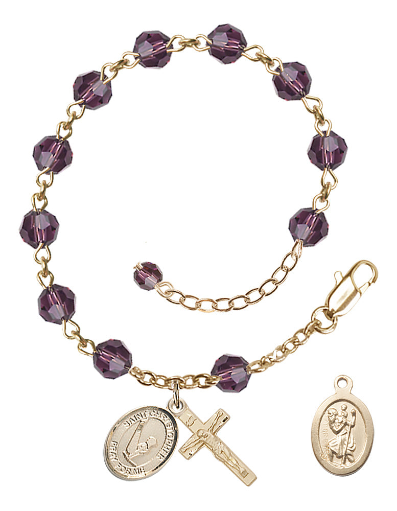 Saint Christopher Gymnastics Rosary Bracelet - 14K Gold Filled - February - Amethyst