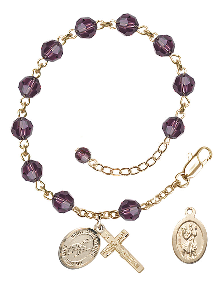 Saint Christopher Rodeo Rosary Bracelet - 14K Gold - February - Amethyst