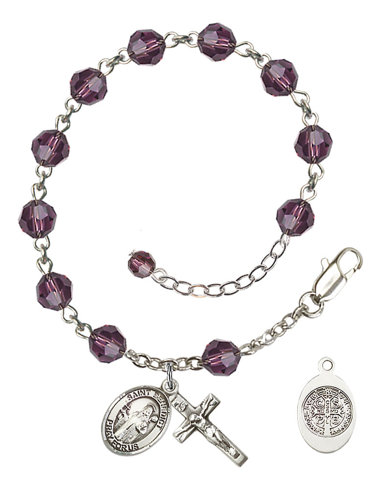 Saint Benedict Rosary Bracelet - Sterling Silver - February - Amethyst