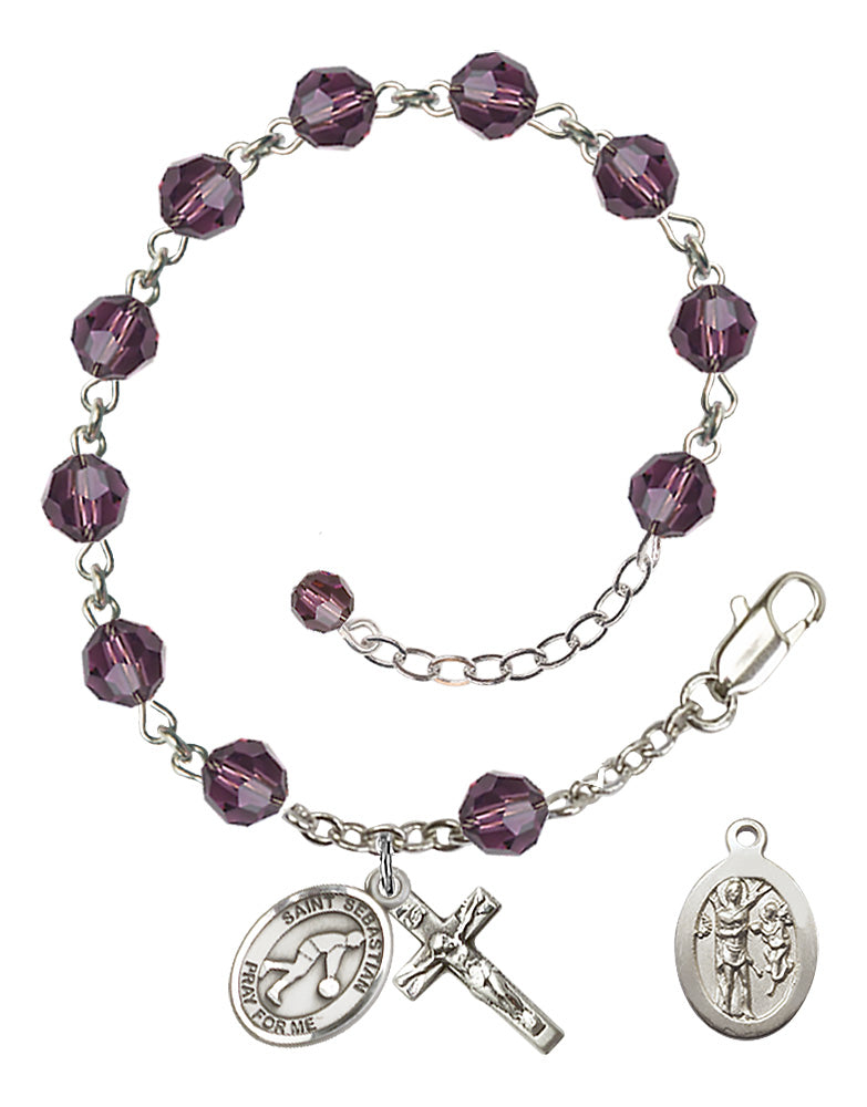 Saint Sebastian Basketball Rosary Bracelet - Sterling Silver - February - Amethyst