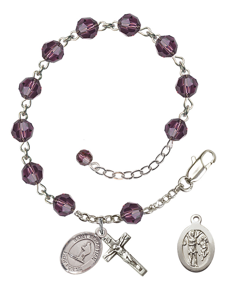 Saint Sebastian Skiing Rosary Bracelet - Sterling Silver - February - Amethyst