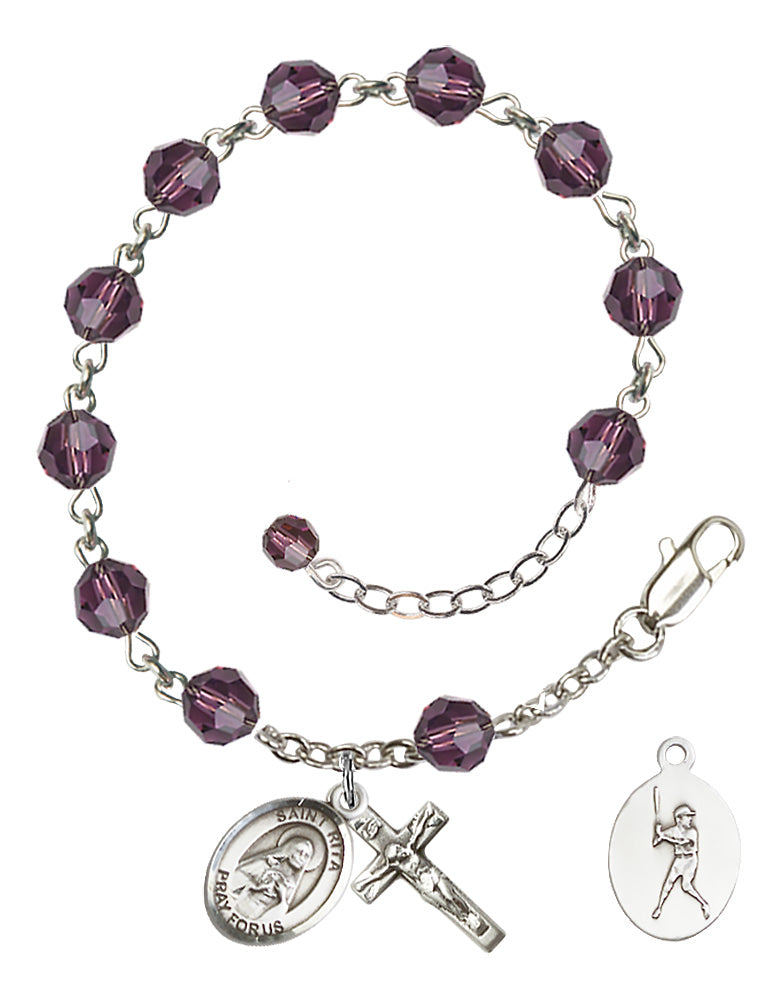 Saint Rita Baseball Rosary Bracelet - Sterling Silver - February - Amethyst