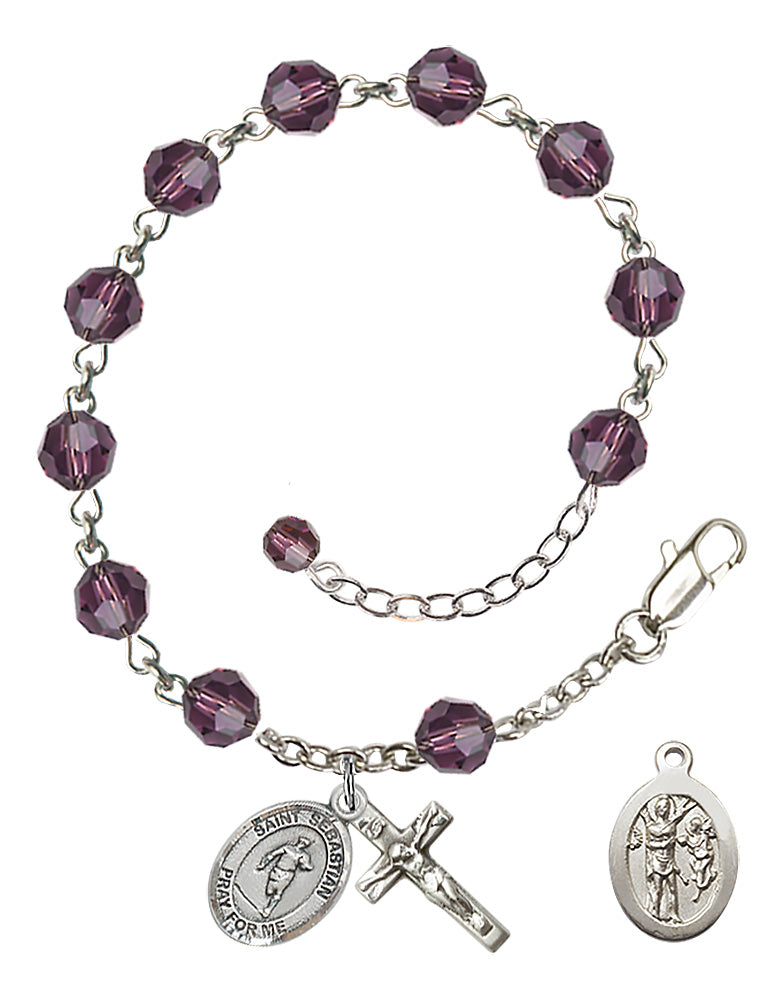 Saint Sebastian Rugby Rosary Bracelet - Sterling Silver - February - Amethyst