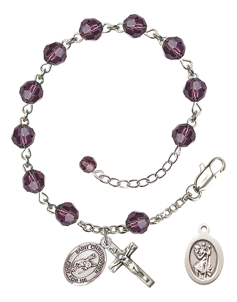 Saint Christopher Rodeo Rosary Bracelet - Sterling Silver - February - Amethyst