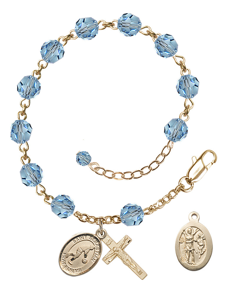 Saint Sebastian Basketball Rosary Bracelet - 14K Gold Filled - March - Aqua