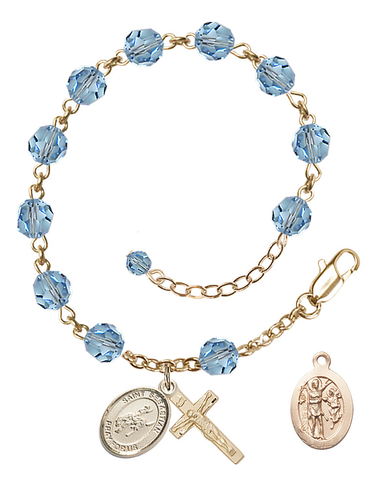 Saint Sebastian Rodeo Rosary Bracelet - 14K Gold Filled - March - Aqua