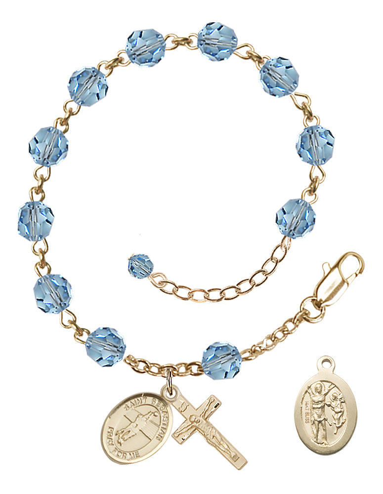 Saint Sebastian Volleyball Rosary Bracelet - 14K Gold - March - Aqua