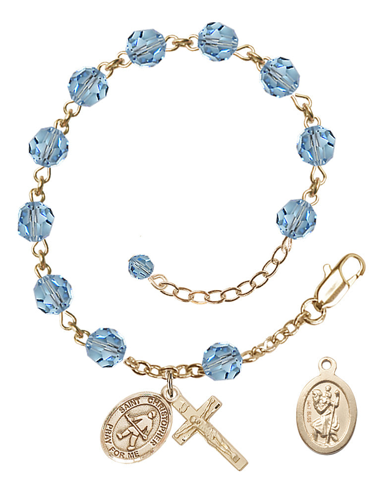 Saint Christopher Field Hockey Rosary Bracelet - 14K Gold - March - Aqua