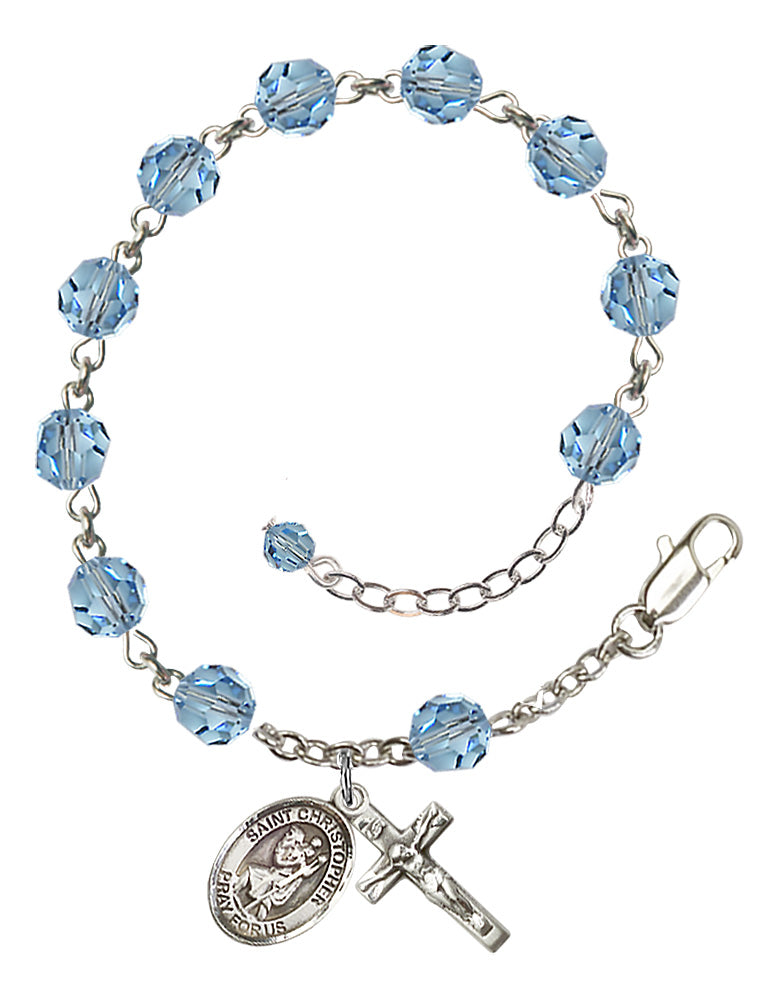 Saint Christopher Rosary Bracelet - Sterling Silver - March - Aqua