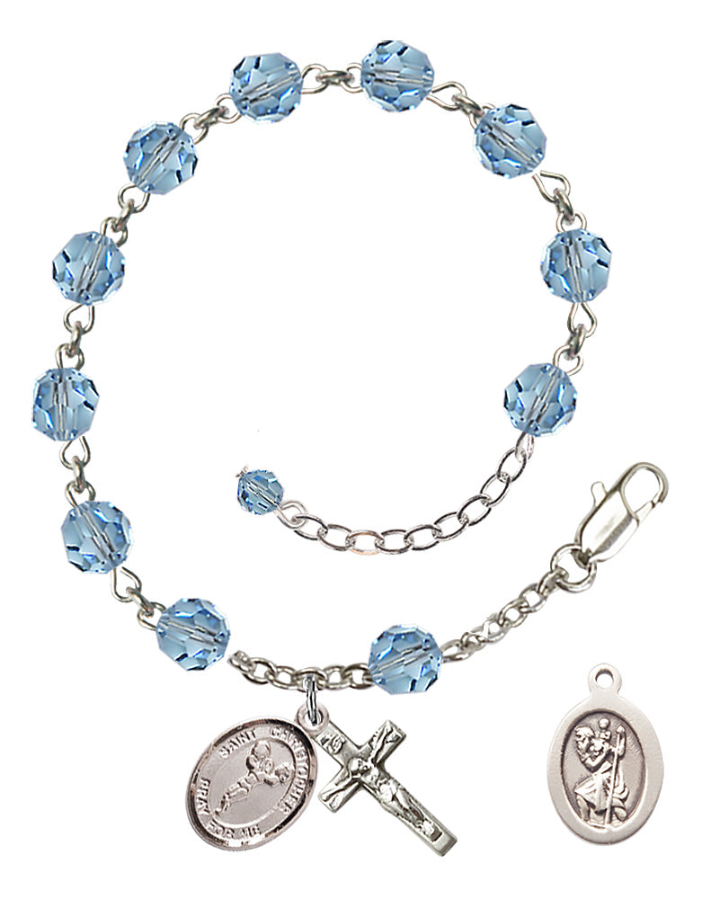 Saint Christopher Cheerleading Rosary Bracelet - Sterling Silver - March - Aqua