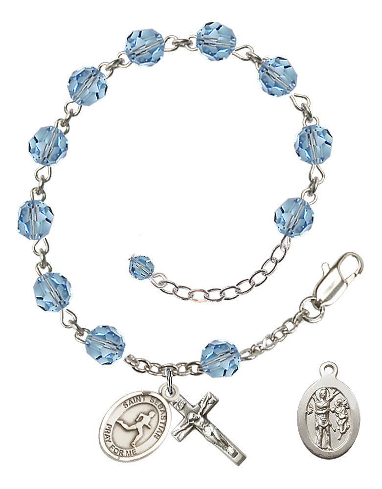 Saint Sebastian Track and Field Rosary Bracelet - Sterling Silver - March - Aqua