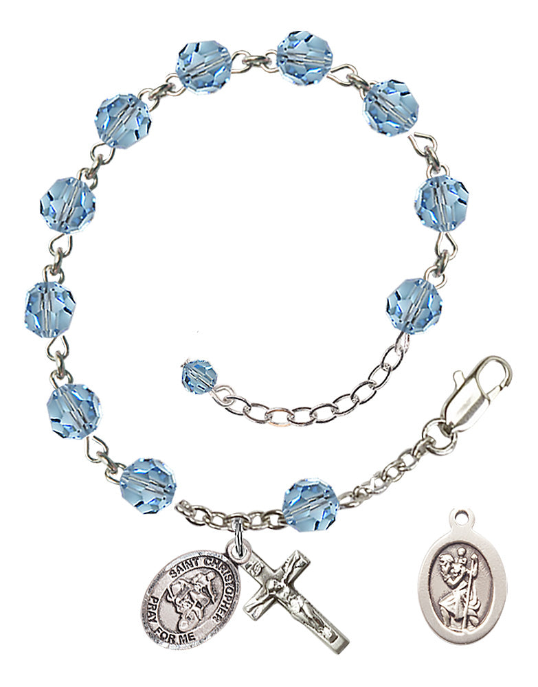 Saint Christopher Motorcycle Rosary Bracelet - Sterling Silver - March - Aqua