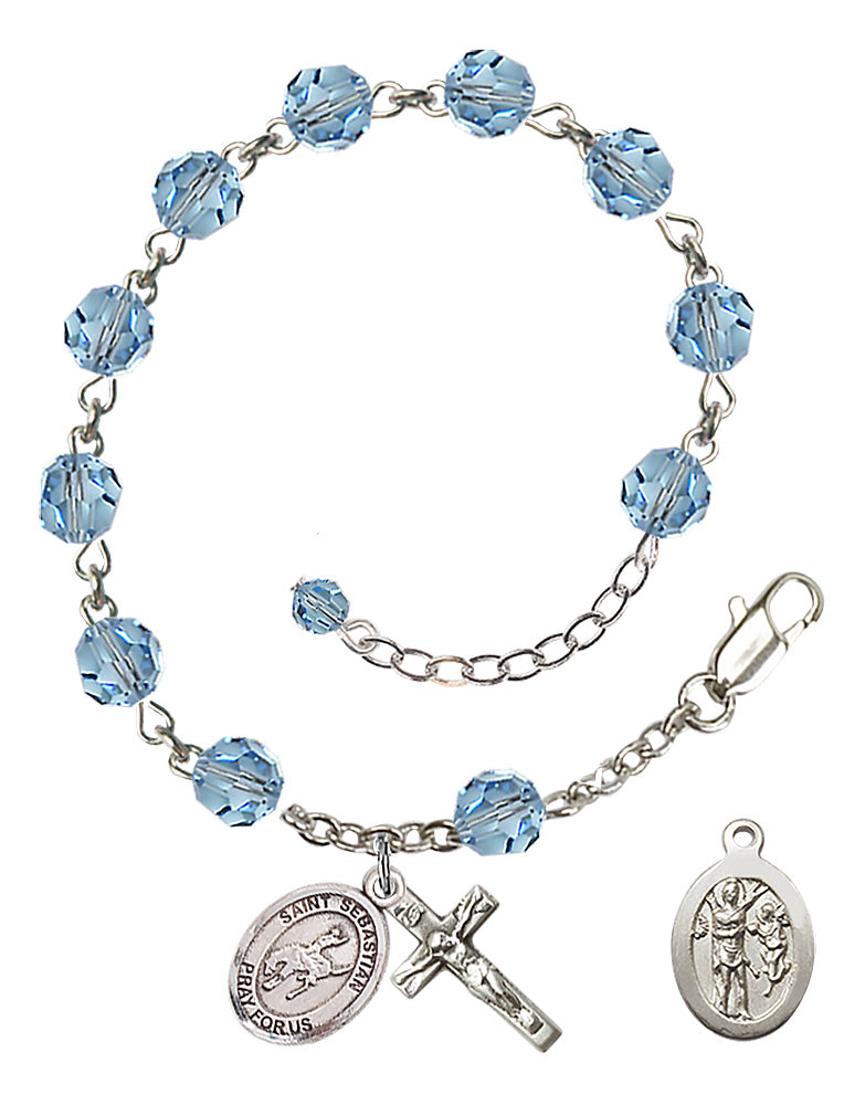 Saint Sebastian Rodeo Rosary Bracelet - Sterling Silver - March - Aqua