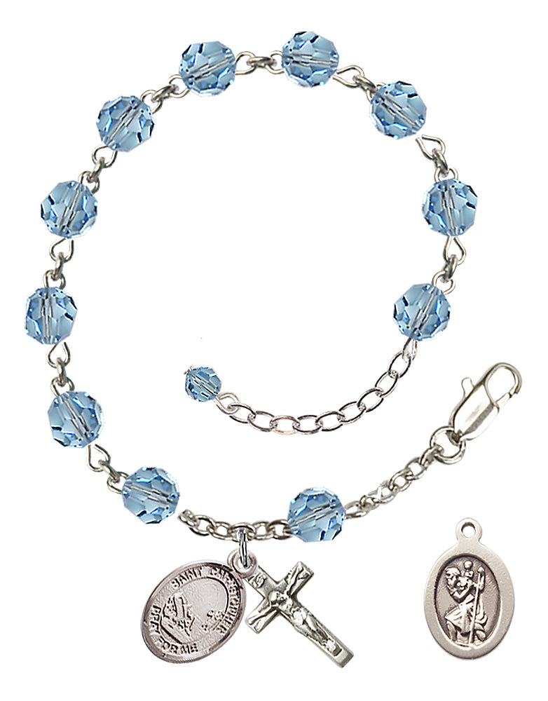 Saint Christopher Fishing Rosary Bracelet - Sterling Silver - March - Aqua