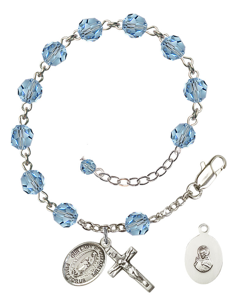 Our Lady of Guadalupe Rosary Bracelet - Sterling Silver - March - Aqua