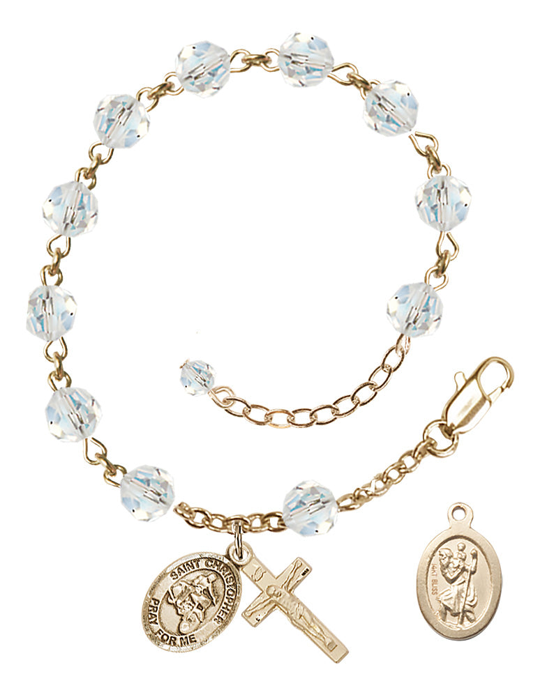 Saint Christopher Motorcycle Rosary Bracelet - 14K Gold - April - Crystal