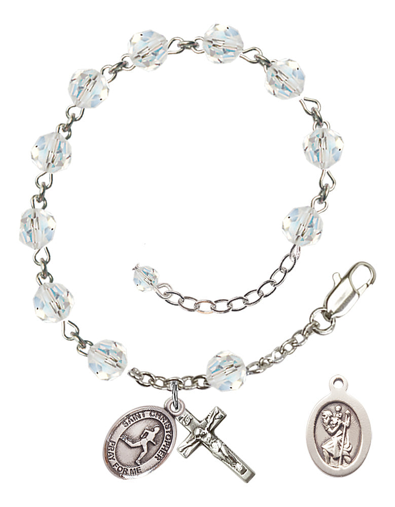 Saint Christopher Track and Field Rosary Bracelet - Sterling Silver - April - Crystal