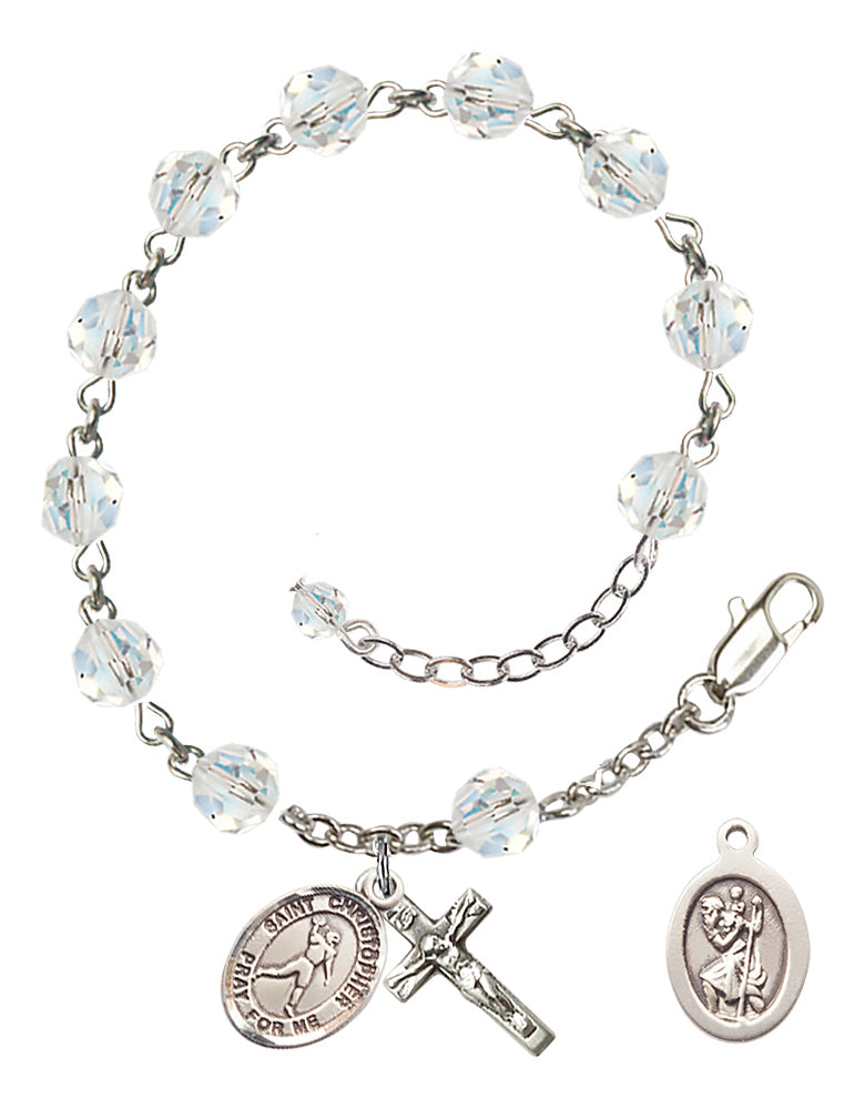 Saint Christopher Football Rosary Bracelet - Sterling Silver - April - Crystal