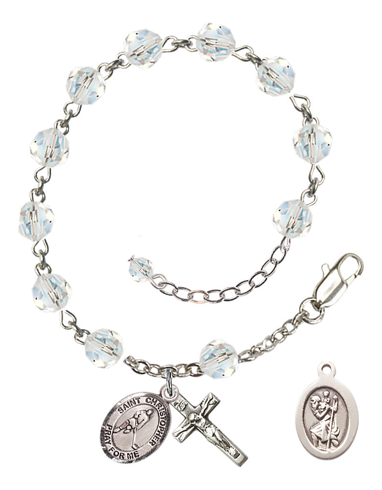 Saint Christopher Ice Hockey Rosary Bracelet - Sterling Silver - April - Crystal