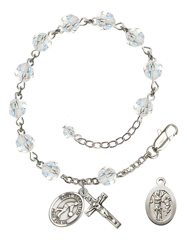 Saint Sebastian Basketball Rosary Bracelet - Sterling Silver - April - Crystal