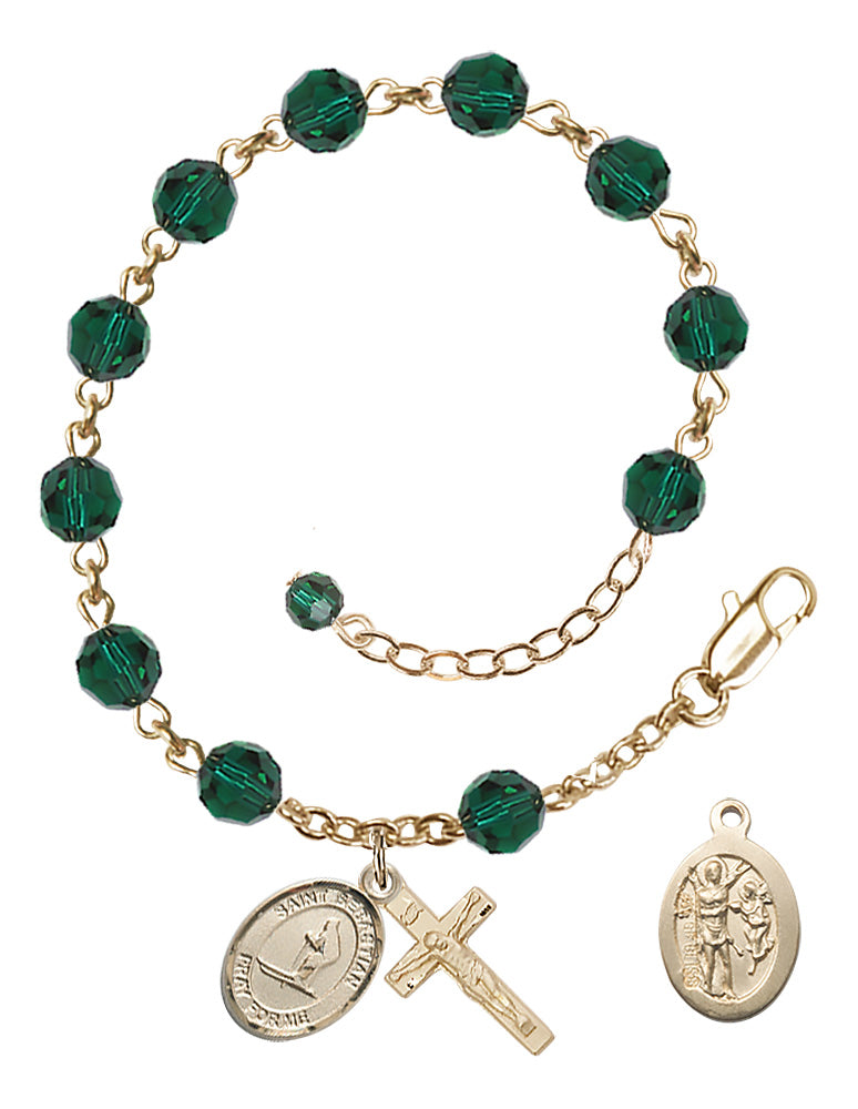 Saint Sebastian Skiing Rosary Bracelet - 14K Gold Filled - May - Emerald