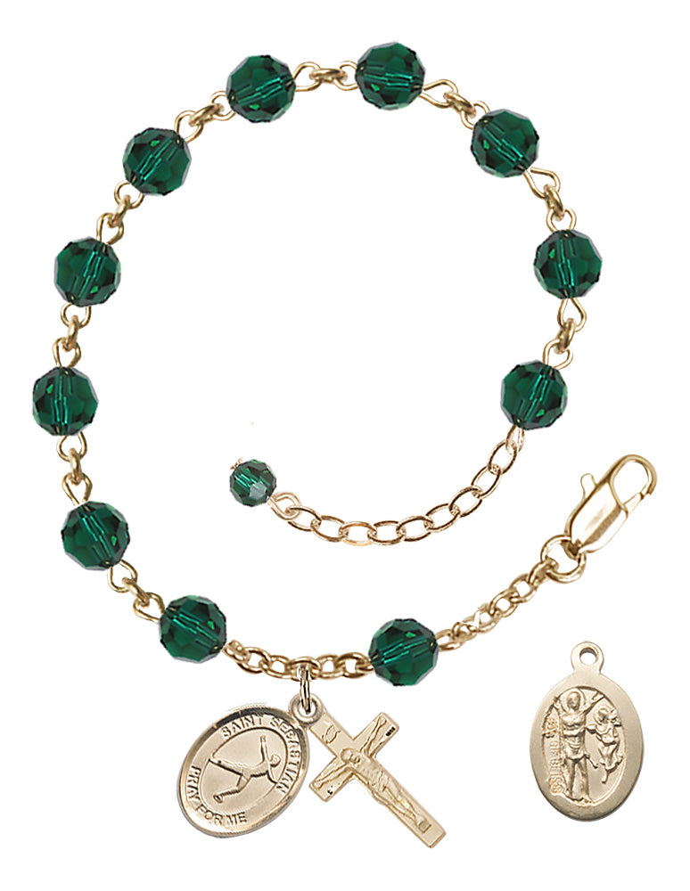 Saint Sebastian Figure Skating Rosary Bracelet - 14K Gold Filled - May - Emerald