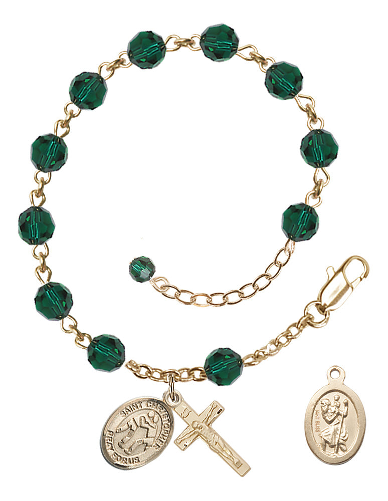 Saint Christopher Wrestling Rosary Bracelet - 14K Gold - May - Emerald
