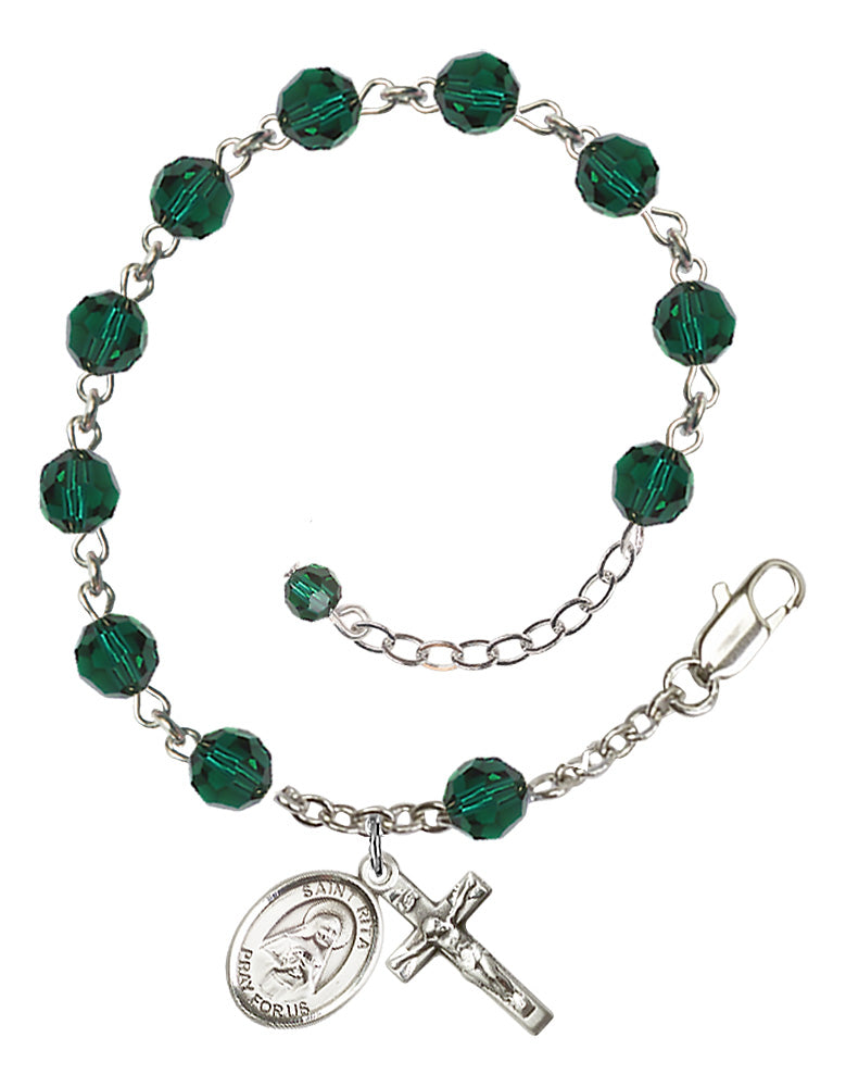 Saint Rita of Cascia Rosary Bracelet - Sterling Silver - May - Emerald