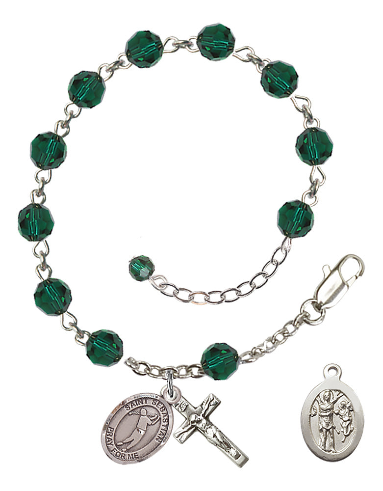 Saint Sebastian Golf Rosary Bracelet - Sterling Silver - May - Emerald