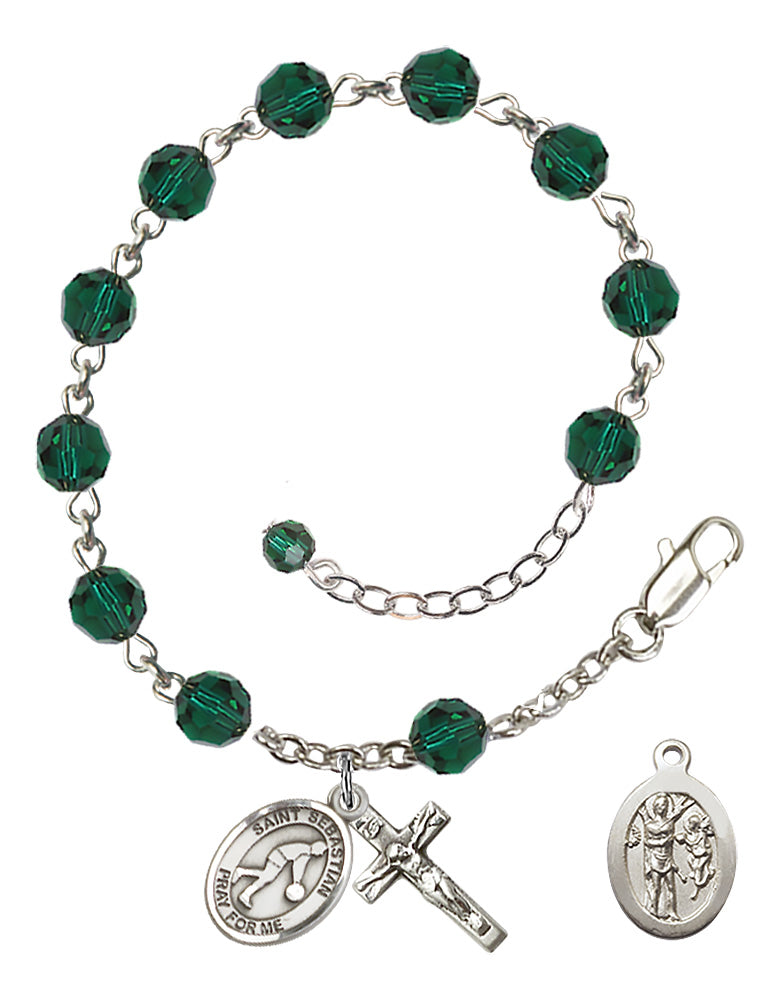 Saint Sebastian Basketball Rosary Bracelet - Sterling Silver - May - Emerald