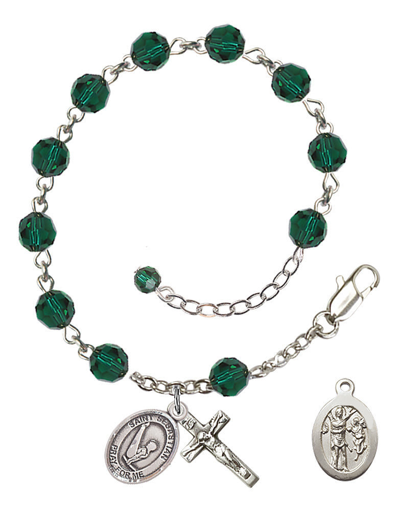 Saint Sebastian Gymnastics Rosary Bracelet - Sterling Silver - May - Emerald