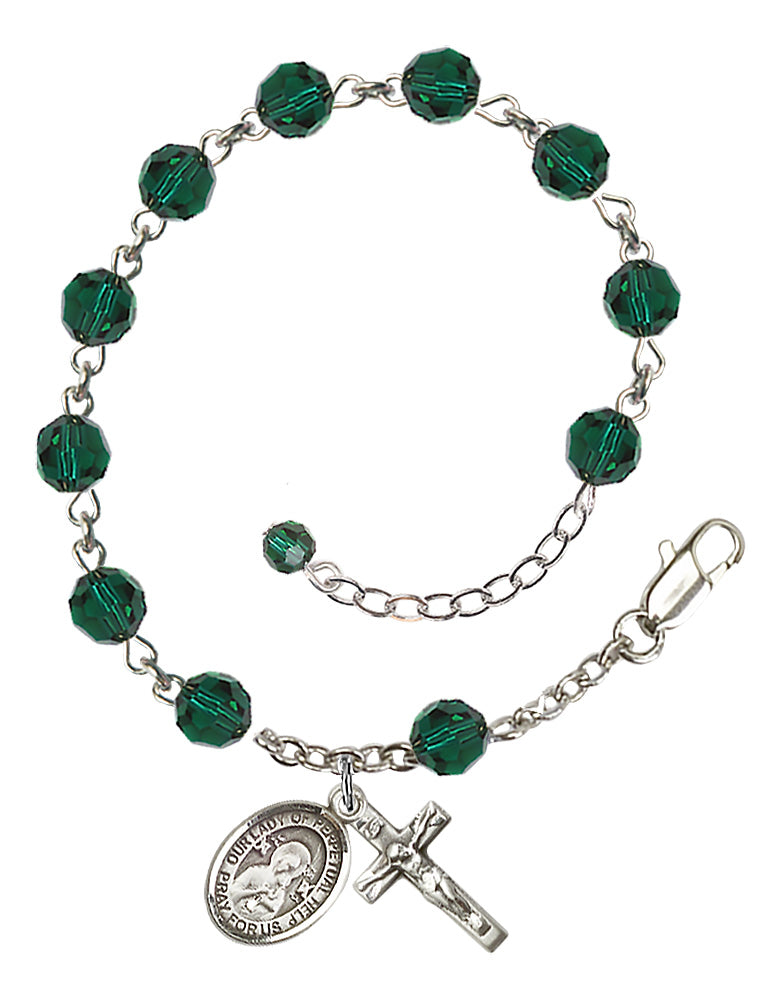 Our Lady of Perpetual Help Rosary Bracelet - Sterling Silver - May - Emerald