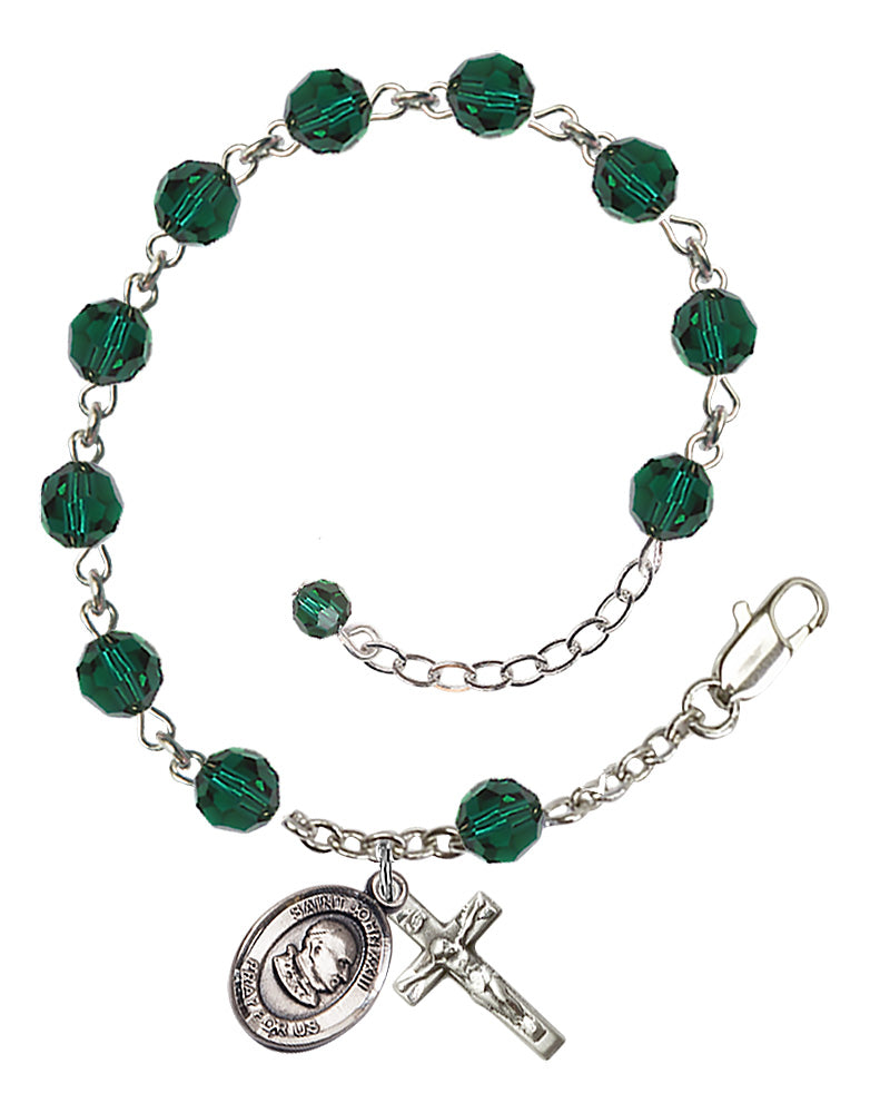 Saint John XXIII Rosary Bracelet - Sterling Silver - May - Emerald